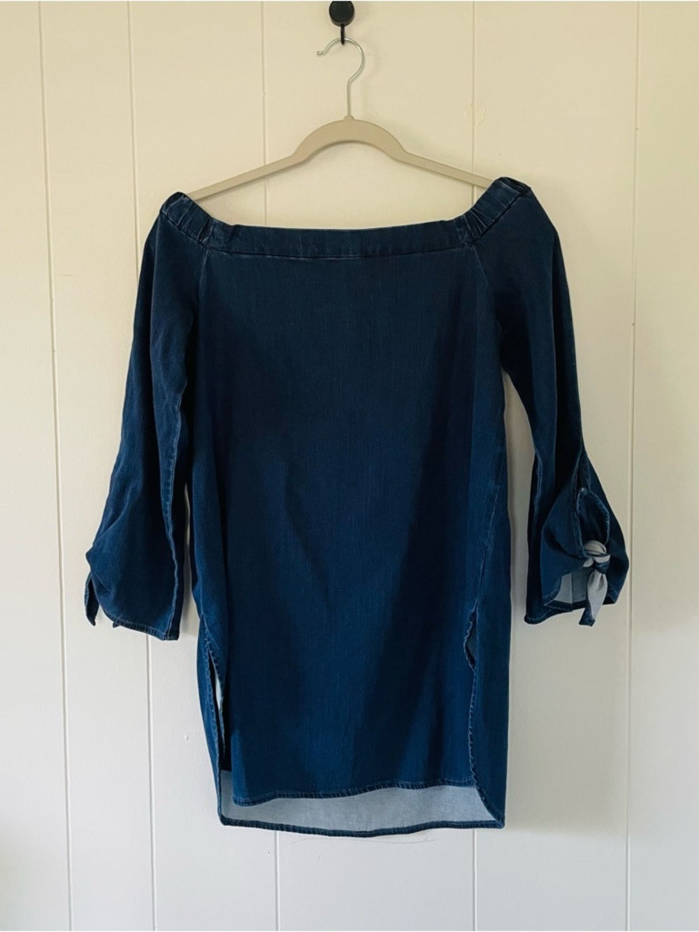 White House Black Market Navy Off-Shoulder Tie-Sleeve Blouse